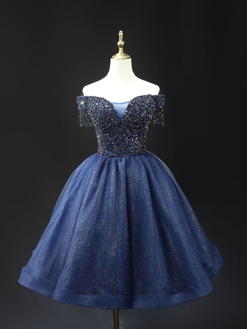 Gothic Royal Blue Off-Shoulder Short Wedding Party Dress - Designer Sequin Gown - Corset Back Wedding Dress Plus Size